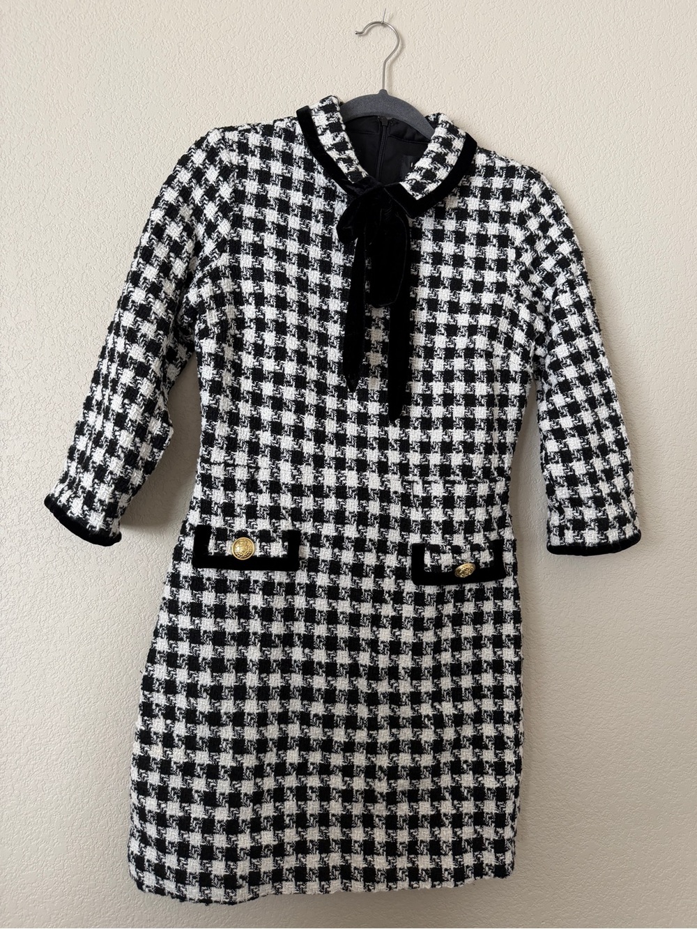 Alexia Admor Black and White Tweed Dress with Gold Logo Plate